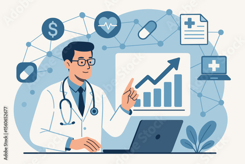 Medical business growth analytics, healthcare data chart, doctor with stethoscope using laptop, electronic medical records, professional network, digital health investment, financial success