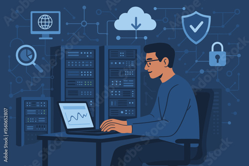 Data Center Engineer Working on Laptop for Cybersecurity, Network Management, Cloud Computing, Data Analytics, Troubleshooting, Secure Server Room, Digital Technology, Internet Business
