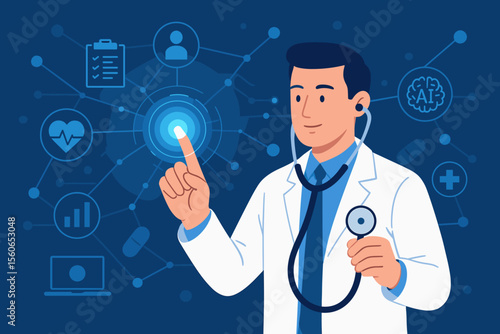 Digital healthcare innovation technology concept. Doctor with stethoscope interacts with virtual medical data network, AI, smart interface, telemedicine, health informatics, futuristic medicine