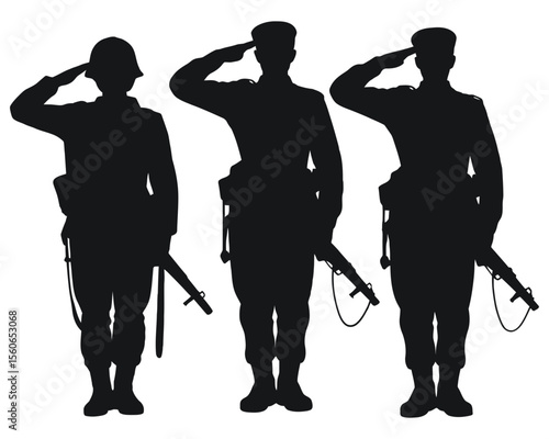 Silhouette of three soldiers saluting pose