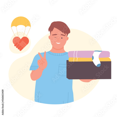 Smiling boy holding a charity donation box. Humanitarian and generous act of giving help to poor people flat vector illustration