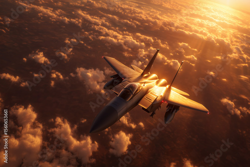 High-flying: A fighter jet soars above a sea of clouds bathed in the warm glow of the setting sun.