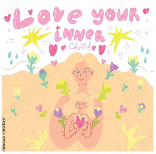 Vector illustration with a woman cuddling her inner child symbolizing love, caring and positive mental health. Includes flowers, stars symbolizing therapy