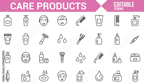 A collection of care products icons, including symbols for skincare, cosmetics, and hygiene products such as lotions, creams, and cleaning sprays.