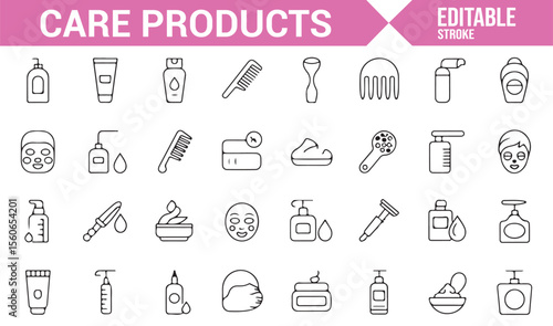 A collection of care products icons, including symbols for skincare, cosmetics, and hygiene products such as lotions, creams, and cleaning sprays.