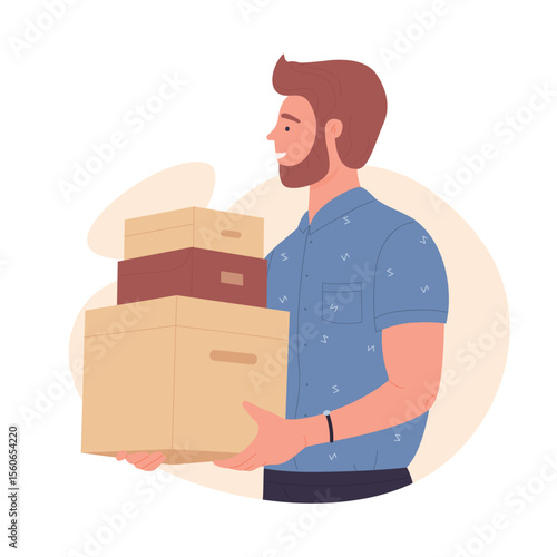 Bearded young man holding parcel boxes. Ordering and delivery packages service flat vector illustration