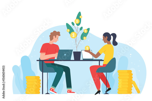 Freelance and online business. People freelancers sitting at laptops, growing money plant in pot to get financial capital, dividends, passive income flat vector illustration. Finance, revenue concept