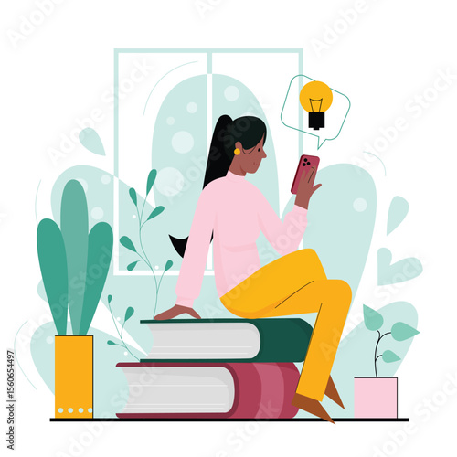 Girl on stack books using phone for online education. Distance learning and digital school lessons flat vector illustration