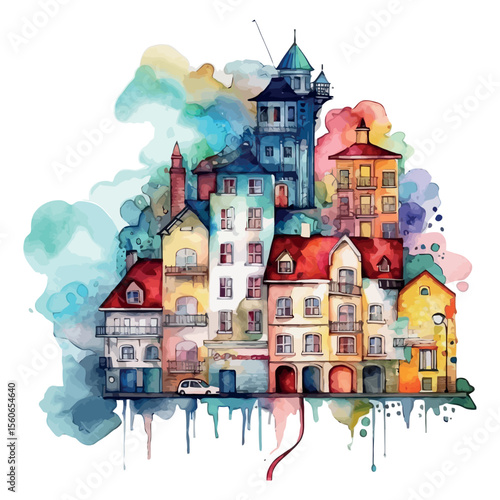 Cartoon fairytale vector illustration of a medieval old town with a castle and houses under a clear sky