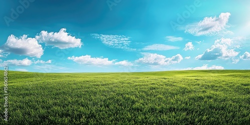 Fototapeta Naklejka Na Ścianę i Meble -  Expansive green field under a vibrant blue sky dotted with fluffy white clouds.  A wide, flat landscape stretches to the horizon