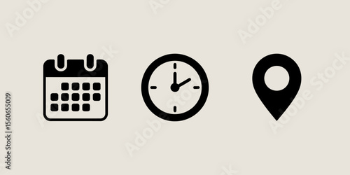 Essential Time Management Icons Calendar, Clock, Location