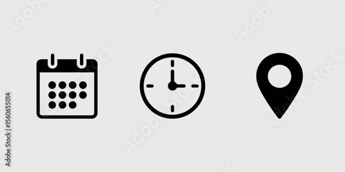Time Management Icons Calendar, Clock, Location - Effective Scheduling and Organization