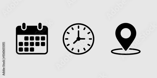 Time Management Icons Calendar, Clock, and Location Pin for Scheduling and Planning