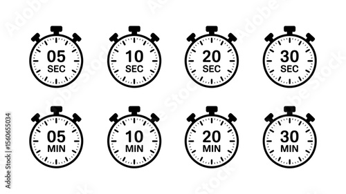 Time Management Icons Stopwatch Set for 5, 10, 20, and 30 Seconds & Minutes