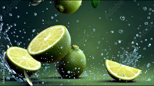 Fresh lime splash: dynamic citrus motion with water droplets in green background for refreshing advertising