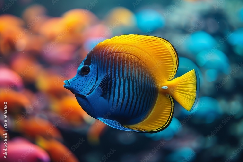 Naklejka premium Vibrant blue and yellow exotic fish swimming gracefully in a colorful aquarium environment