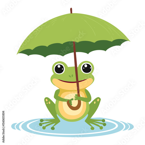 Content Frog Sitting Under Green Umbrella