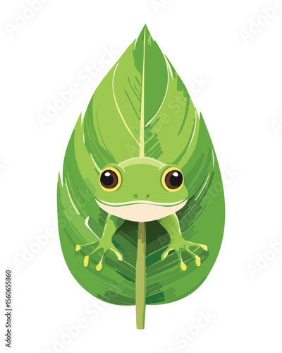 Cute Frog Peeking Out from Green Leaf