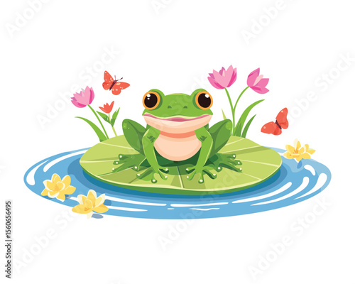 Smiling Frog on Lily Pad with Flying Butterflies