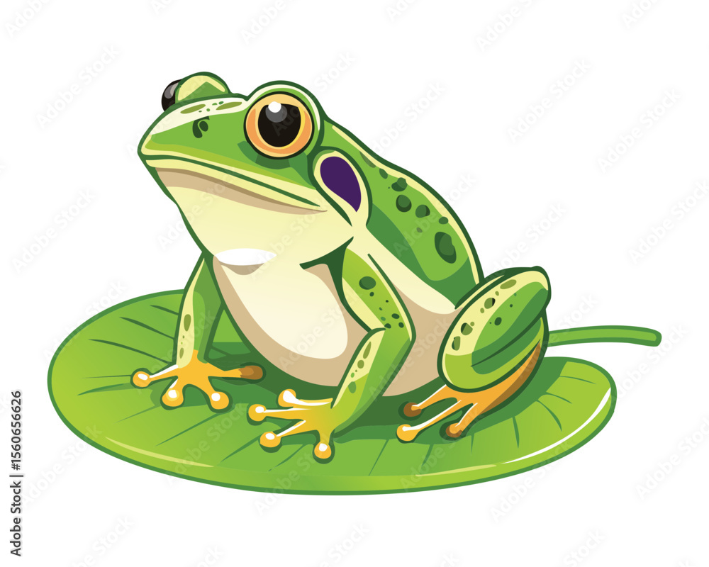 Obraz premium Spotted Green Frog Resting on Large Leaf