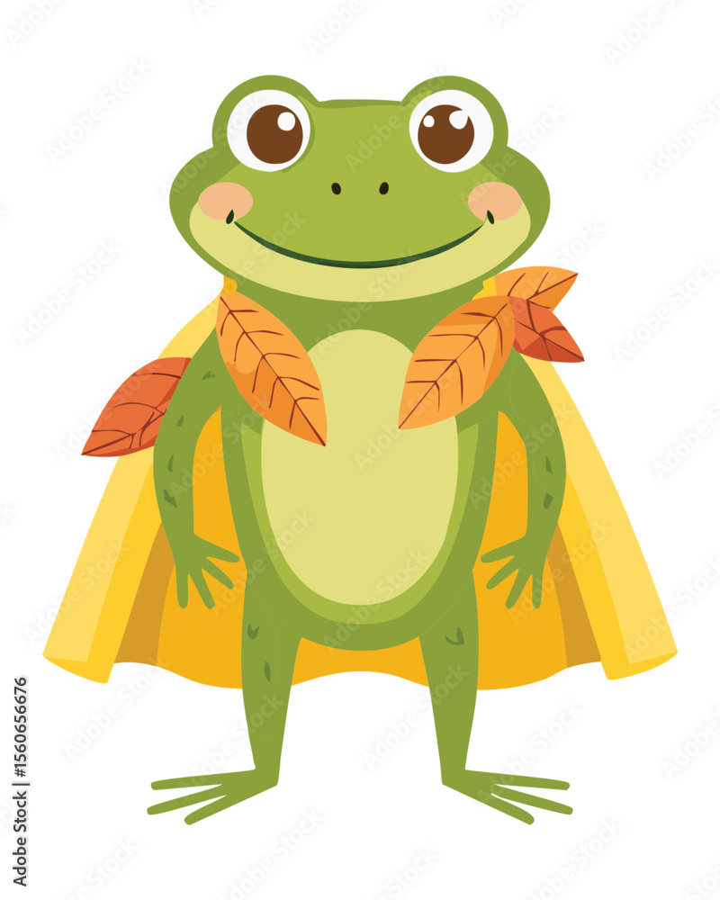 Fototapeta premium Cute Frog Wearing Yellow Cape with Leaves