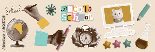 Set with collage torn out paper stickers for back to school or education theme. The halftone hand and study elements - PC screen, globe, alarm clock. Vector dotted illustration