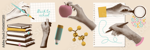 Set of school paper stickers, retro halftone collage elements for media design. Hands holding loupe, apple, painting brush, piece of paper, pen. Vector design on the theme of school, study, university