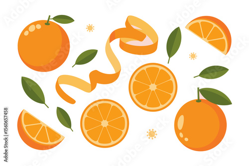 Citrus Harmony: A vibrant composition of fresh oranges and delicate leaves creates a sense of freshness and natural bounty. The image includes whole oranges, peeled sections.