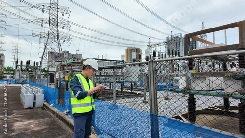 Technician wearing safety helmet and vest performs capacitor bank inspection electrical substation with power lines overhead ensuring electrical power safety and functionality cloudy sky urban