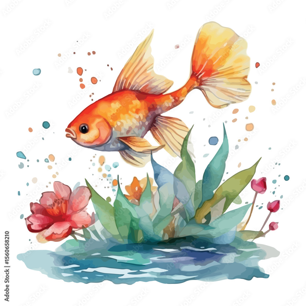 Fototapeta premium A bright orange goldfish swims in a glass aquarium filled with bubbles