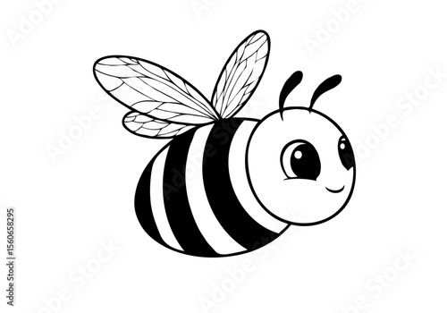 Cute cartoon bee with black stripes and transparent wings on white background