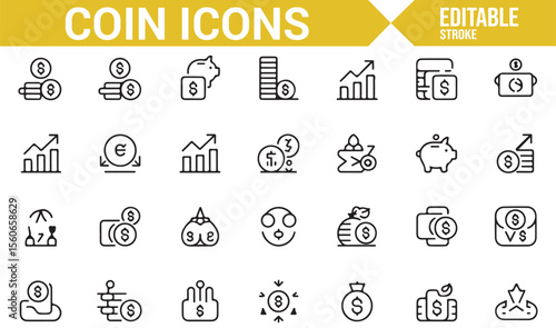 Collection of business and finance icons related to coins, savings, and market trends.