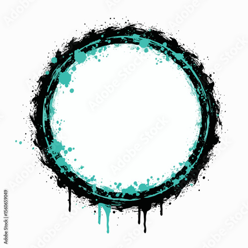 Abstract grunge circle frame with teal splatter and drips