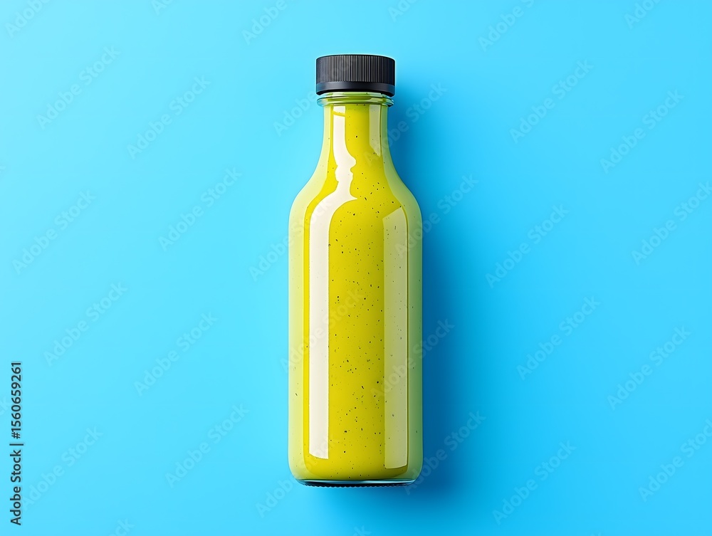 Fototapeta premium Green sauce in glass bottle on blue background Top view mockup food drink