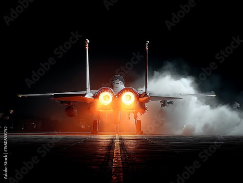 Powerful Fighter Jet Taking Off with Lit Up Engines, Nighttime, Air Force, and Smoke.