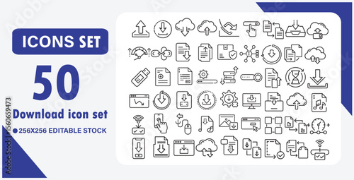 Download icon set. Containing upload, document, arrow, link, folder, download file, data, PDF, cloud storage, web, button and more. Editable line icons. Vector illustration.