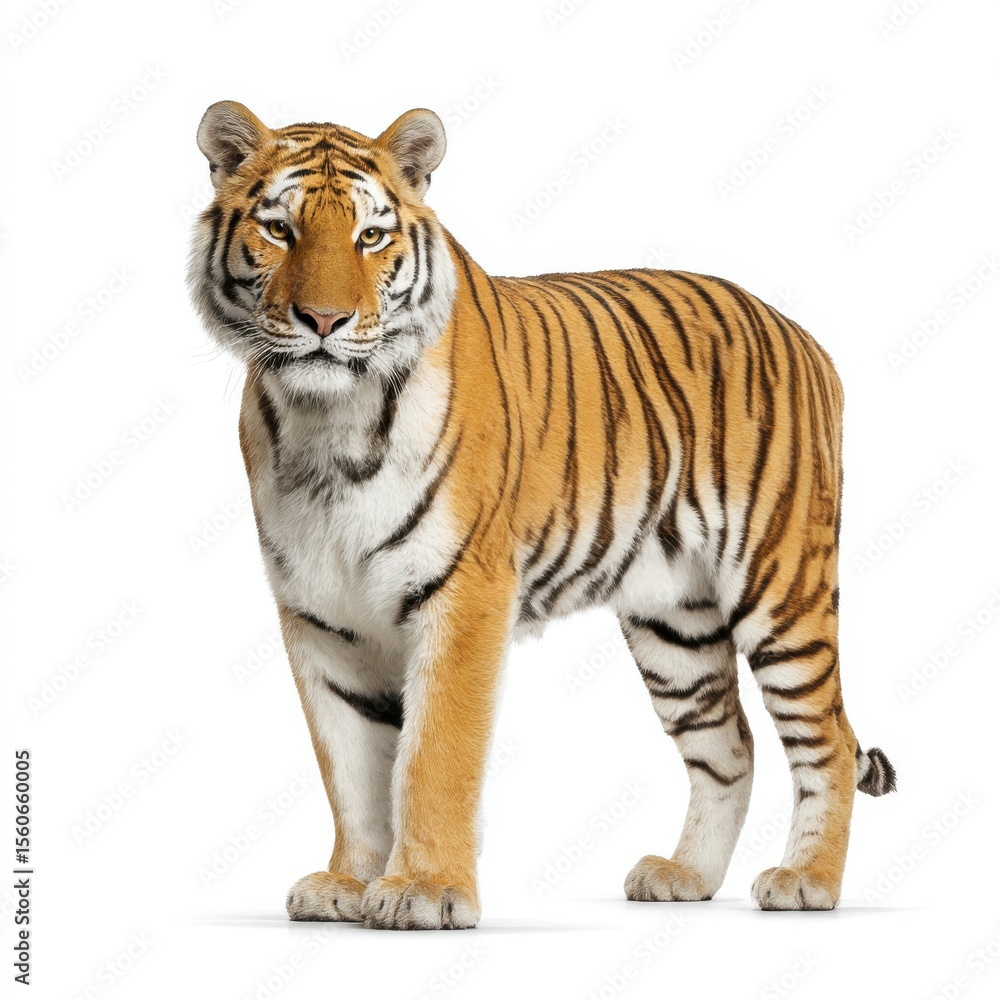 A majestic bengal tiger stands alertly showcasing its distinctive orange and black stripes isolated on white background A majestic bengal tiger stands alertly showcasing its distinctive orange and black stripes isolated on white background