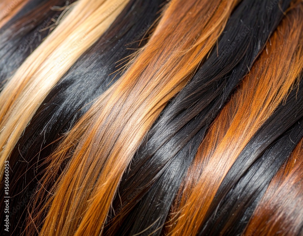 Streaks of Color: Close-up view of richly textured hair, showcasing a blend of dark brown, auburn, blonde, and light brown streaks. The strands are smooth and glossy, reflecting light beautifully. Streaks of Color: Close-up view of richly textured hair, showcasing a blend of dark brown, auburn, blonde, and light brown streaks. The strands are smooth and glossy, reflecting light beautifully.