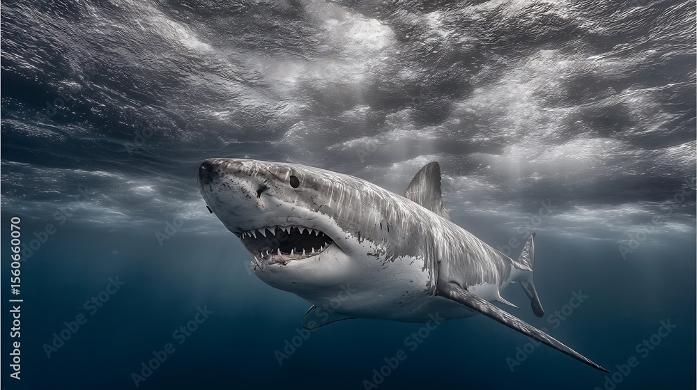 Fototapeta premium Powerful Underwater View Great White Shark Swimming Beneath Ice Flow.