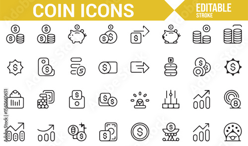 Collection of money, coin, and investment symbols for business and finance themes.