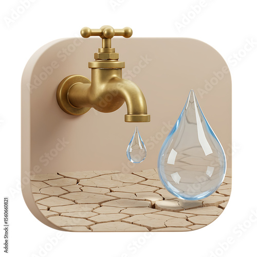 Golden Faucet Dripping Water onto Cracked Earth isolated on a transparent background