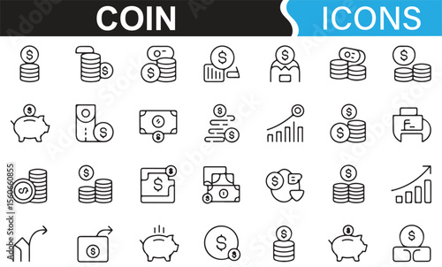 Line art symbols of wealth, banking, investment, and financial transactions.