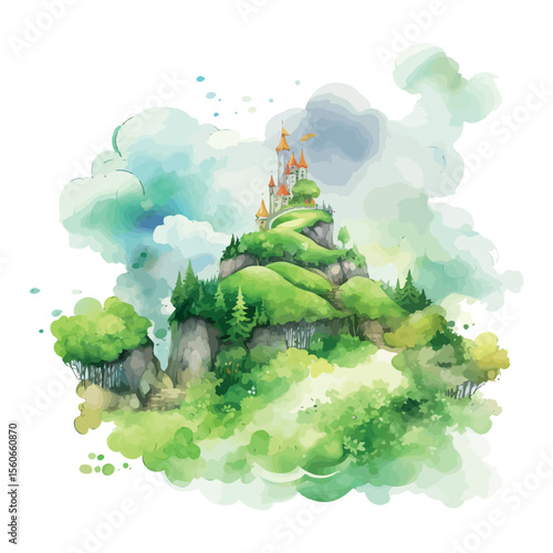 A vibrant fantasy landscape with verdant trees under a sky filled with clouds
