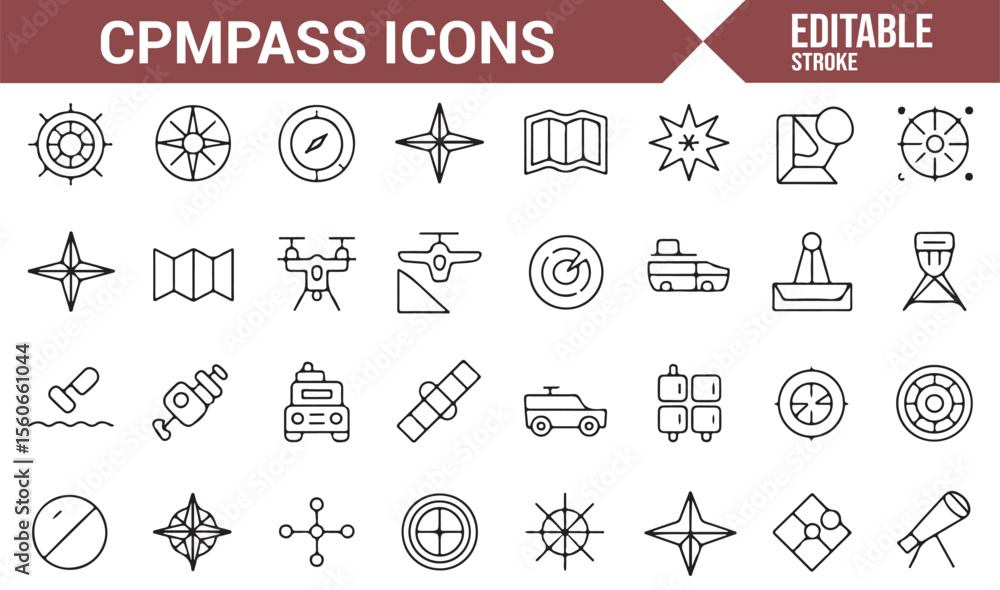 Fototapeta premium Compass rose, navigation symbols, and tools for wayfinding, exploration, and journey planning.