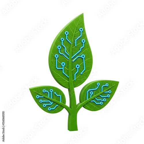 Green leaf with blue circuit board pattern isolated on a transparent background technology