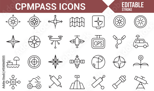 Set of minimalist compass icons showing various types of navigation tools and directions.