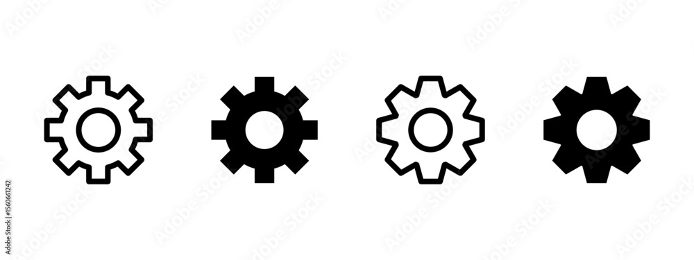 Settings icon. Gear and cogwheel symbols in different styles vector illustration. Configuration and system control interface symbol. Adjustment and mechanical process sign. Engineering pictogram. Settings icon. Gear and cogwheel symbols in different styles vector illustration. Configuration and system control interface symbol. Adjustment and mechanical process sign. Engineering pictogram.
