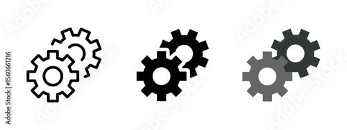 Gears icon. Two interlocking gear wheels in multiple styles vector illustration. Symbol of configuration, process and automation in systems. Mechanical and engineering interface sign.