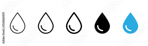 Water icon. Single blue water drop with rounded shine and teardrop shape vector illustration. Symbolizes fluid, hydration or moisture presence. Clean and pure liquid pictogram.