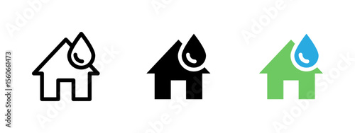 House hydration icon. Green house with a blue water drop vector illustration. Indicates plumbing issues or water leakage symbol. Suitable for home repair and maintenance sign. Water damage pictogram.